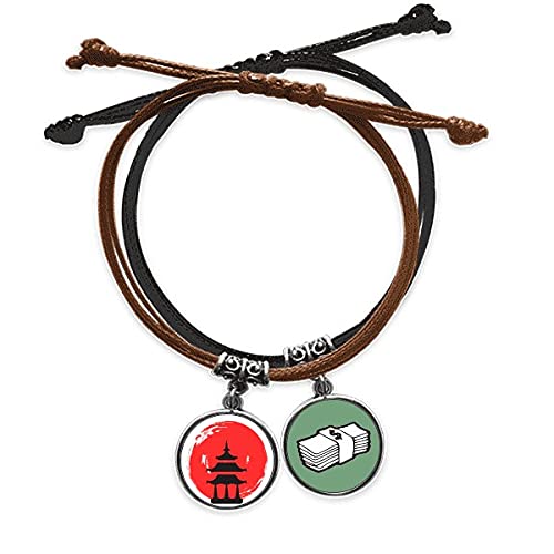 Pulsera de cuerda Japón con cuero y amuleto de dinero estilo abstracto templo