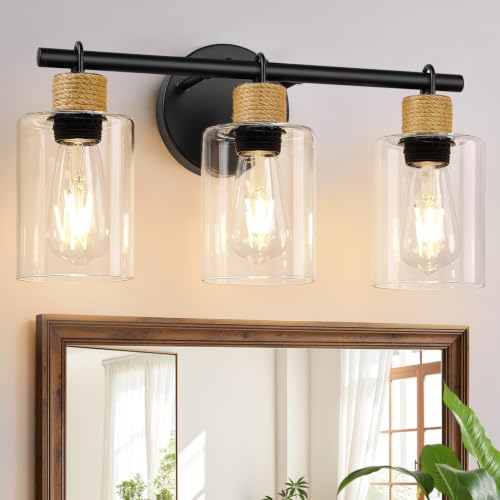 Image of MOKATNG Bathroom Light Fixtures, 3-Light Farmhouse Vanity Lights with Hemp Rope, Black Bathroom Wall Lamp for Mirror Kitchen Hallway Cabinet