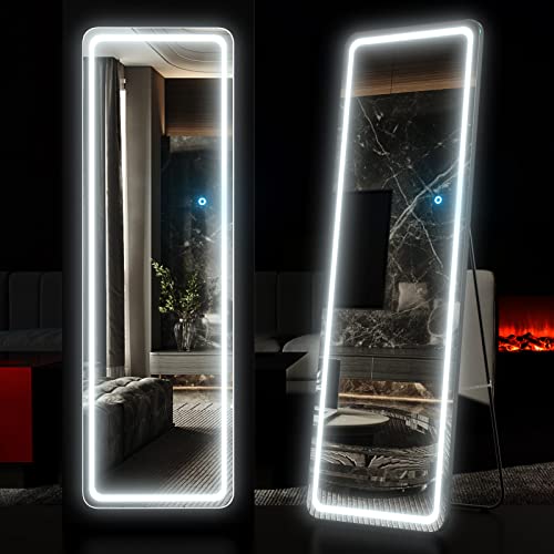 LVZORY 63"x20" Full Length Floor Mirror Dimming Lights Bedroom Tall Full-Size Body Mirror Lighted Mirror, Free Standing Mirror, Wall Mounted Hanging Mirror, Dressing Mirror Touch Control Black(20")