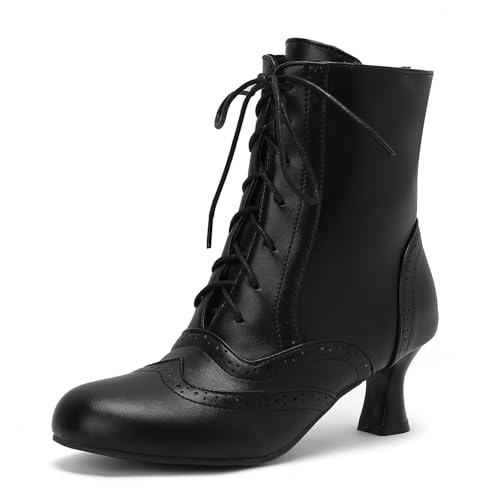 BEAUPAS Women's Wingtip Victorian Boots Goth Witch Boots Low Kitten Heels Lace Up Ankle Boots Round Toe Chunky Vintage Granny Boots Zip Shoes