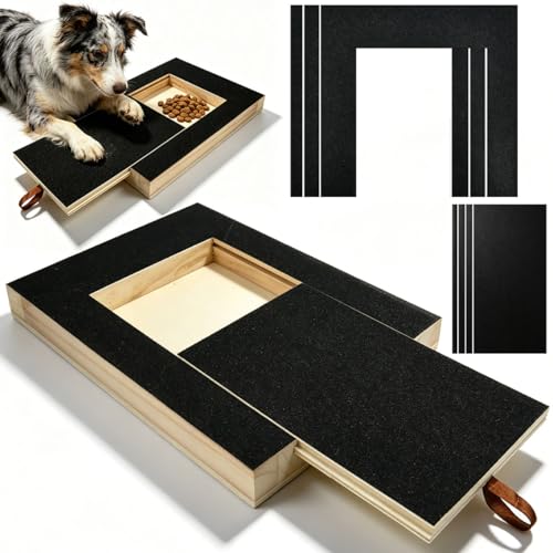 Linzerry Kratzbrett für Hunde mit Leckerlibox 35x25x3cm Nagelfeilenbrett aus Holz 4 Sandpapier Scratch Pad für Nägel Ersatzblätter Stressfreies Haustier Scratch Pad für Hundekrallen Alternativen
