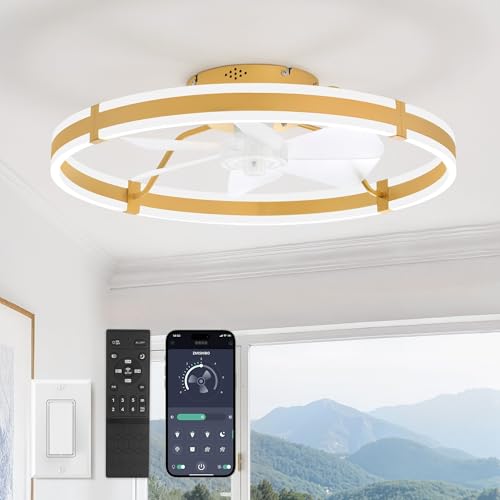Image of ZMISHIBO 24 Inch Ceiling Fans with Lights and Remote, Modern Low Profile Ceiling Fan, 3000-6000K Dimmable Flush Mount LED Fan Light, 6 Wind Speeds, Fandelier Ceiling Fans for Bedroom- Gold