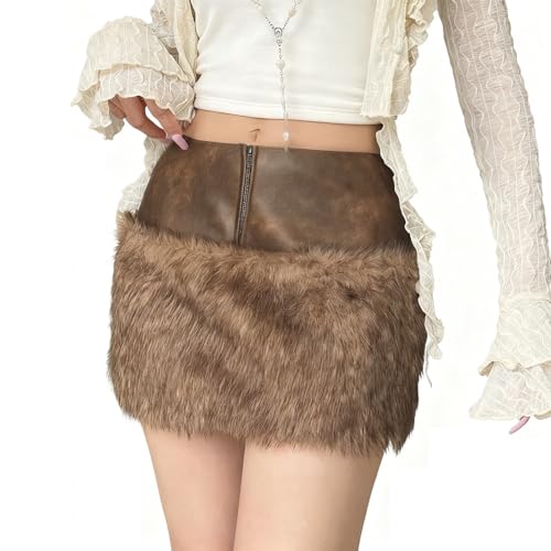 Caxndycing Wildleder Rock Damen Hohe Taille Minirock Kunstfell...