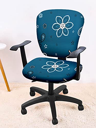 Image of Cortina Corporate Office Chair Covers | Removable Chair Protector | Executive Rotating Chair Seat Case | Stretchable Elastic Polyester Spandex Fabric | Floral Print - Blue 1 | Chair Cover Set of 4