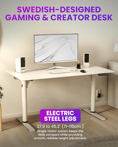 Image of Arozzi Arena Nordico Gamer Desk - 55x27.6 inch Electric Standing Table - PC Gaming Desk with Storage for Cables - Dual Cable Baskets, Split Tabletop, Monitor Arm Friendly - White