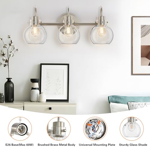 3 Lights Vanity Light, Brushed Nickel Bathroom Light Fixtures, Farmhouse Wall Sconces with Globe Clear Glass Shade, Porch Wall Mount Lamp for Mirror, Kitchen, Porch, Living Room, Workshop (E26 Base) by Apenath - Image 2