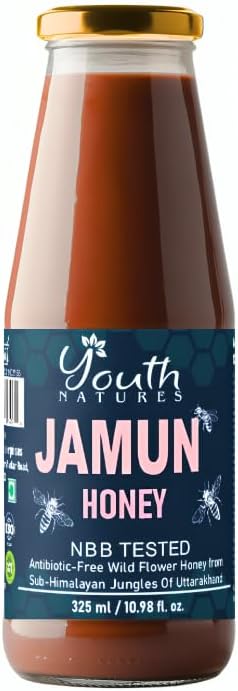 YOUTH NATURES - Raw Jamun Honey - 325ml | NBB Tested | Antibiotic-Free | Sub-Himalayan Jungles of Uttarakhand | Glass Bottle