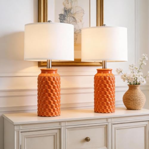 USumkky 20.5 Ceramic Table Lamps Set of 2 Modern Farmhouse Boho Bedside Lamps for Bedroom Nightstand Lamps for Living Room End Tables Small Desk Lamps Orange