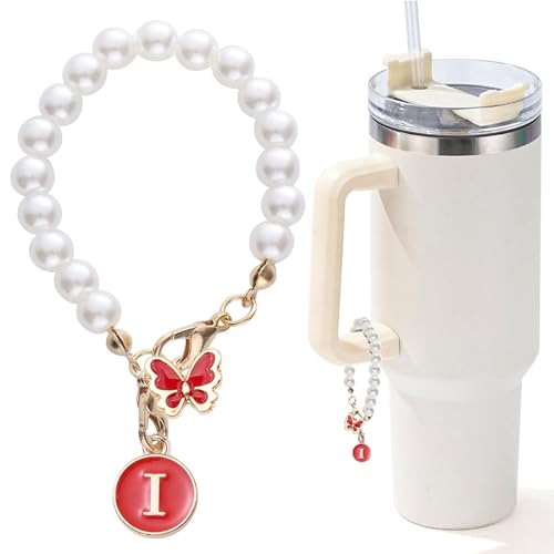 LUHOHI Accessories for Stanley Cup Pearl Chain Initial Accessoriess for Handle Stuff Decor Water Bottle Jewelry Tumbler Cute Simple Modern Personalized Name ID Decorations Letter Red Tag I