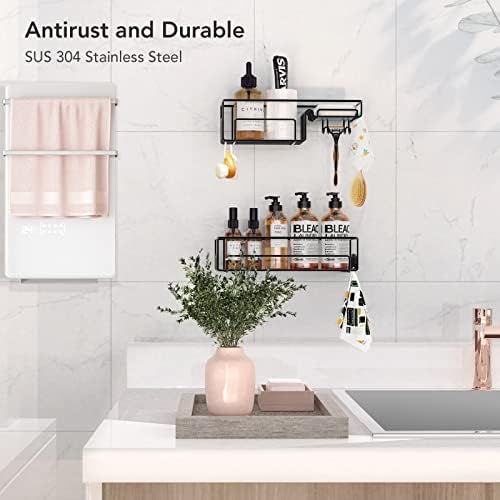 Shower Caddy, Cosicosy Shower Shelf Hanging with Soap Dish Bathroom Storage Shelves Adhesive Bathroom Shelf No Drilling with 12 Hooks for Hanging Razor and Towels Kitchen Rack Black- 2 Pack
