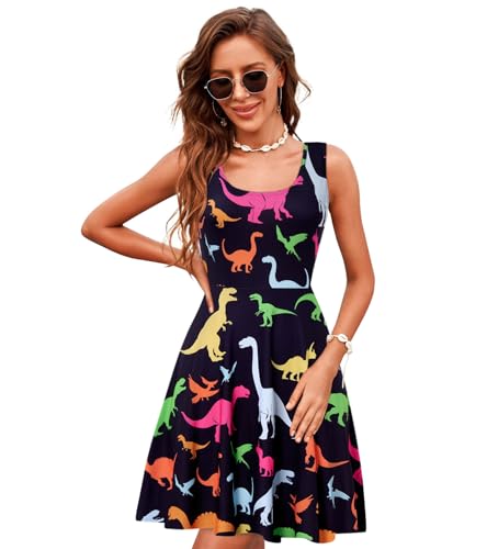 Image of uideazone Women Funny Print Sleeveless U Neck A Line Casual Midi Dress | Soft Stretchy Breathable Fabric Flared Swing Sundress Fitted Waist for Daily Wear 80 /90s Themed Party Beach Vacation Trips