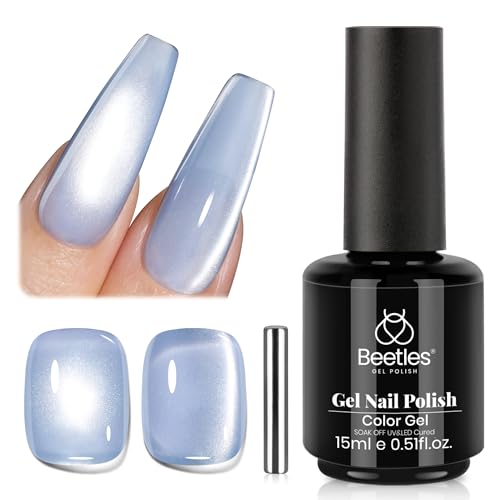 Image of Beetles Blue Cat Eye Gel Polish, 15ML Light Blue Glass Cat Eye Glitter Gel Polish with Magnet Shimmer Translucent Sheer Color Soak Off UV Frosted Galaxy Series French Nail Art Gift for Women