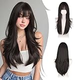 RUWISS Marrone Scuro Parrucca Lunga Layered Con Frange per Donna, 65cm Parrucche Naturale e Liscia Dritto Fibra Sintética Resistente per Uso