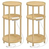 HOOBRO Set of 2 Small Round Side Tables with Charging Station, 3-Tier Round Bamboo End Tables, Easy Assembly, for Living Room, Bedroom, Apartment, Natural YL152UBZP201