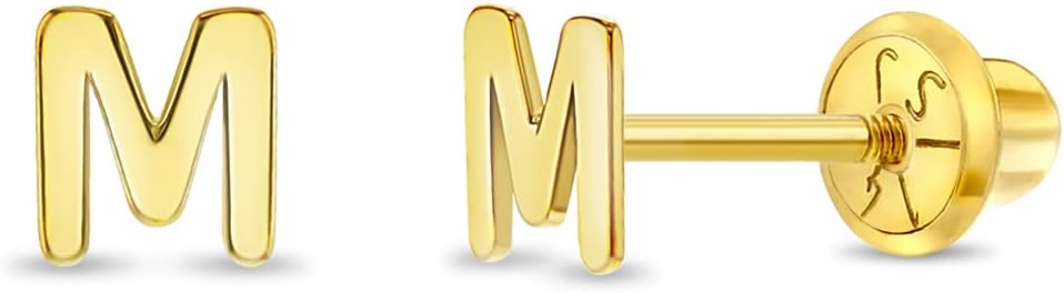 14k Yellow Gold Tiny Initial Letter Screw Back Earrings For Toddlers, Little Girls & Preteens - Personalized and Meaningful Jewelry For Young Preteen Girls - Small Letter Earrings