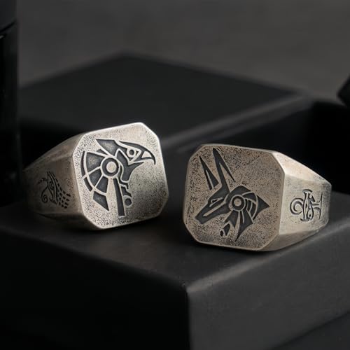 Vintage 925 Sterling Silver Egypt Gods Pharaoh's Guards Anubis Horus Ring Engraved The Eye of Horus and Ankh Cross for Men Women Open Adjustable2