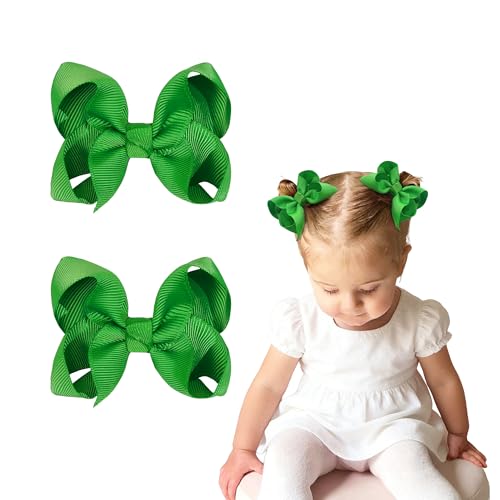 Green Hair Bows 3Inch Grosgrain Green Bow for Little Girls Toddlers Hair Accessories- Set of 2
