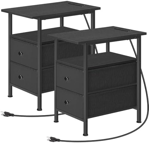 HOOBRO End Table Set of 2 with Charging Station, Narrow Side Tables, Narrow Nightstand with 2 Non-Woven Drawers, Slim Sofa Table, for Small Spaces, Living Room, Bedroom, Black BB486UBZP201