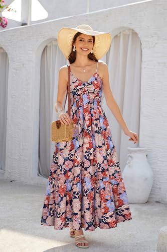 Women's Summer Maxi Dress Casual Boho Floral V Neck Sleeveless Ruffle Hem Beach Long Dresses — view 3