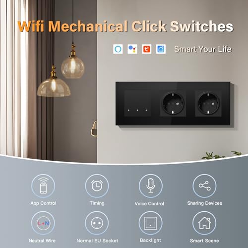 BSEED Doppelt Steckdose mit Lichtschalter Unterputz 3 Fach 1 Weg WIFI Smart Lichtschalter (Neutralleiter Erforderlich), Compatibel mit Alexa/Google Home，228mm，Schwarz