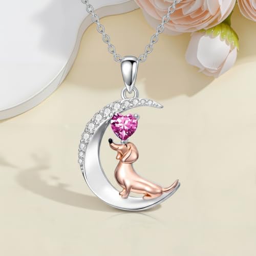 Image of PROESS Animal Birthstone Necklace 925 Sterling Silver Otter /Axolotl /Hippo /Elephant /Dachshund /Monkey /Red Panda Pendant Necklace Animal Birthstone Jewelry Gifts for Women