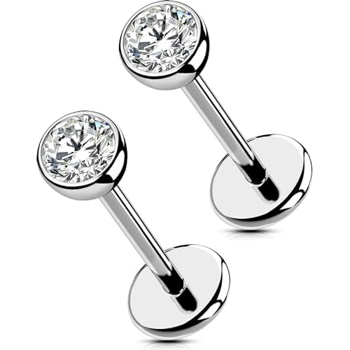 OUFER 2Pcs 20G/18G/16G G23 Titanium Threadless Nose Stud Earrings Flat Back Tiny CZ Small Nose Helix Cartilage Tragus Conch Labret Medusa Monroe Piercing Jewelry for Women Men Silver 2pcs, 2