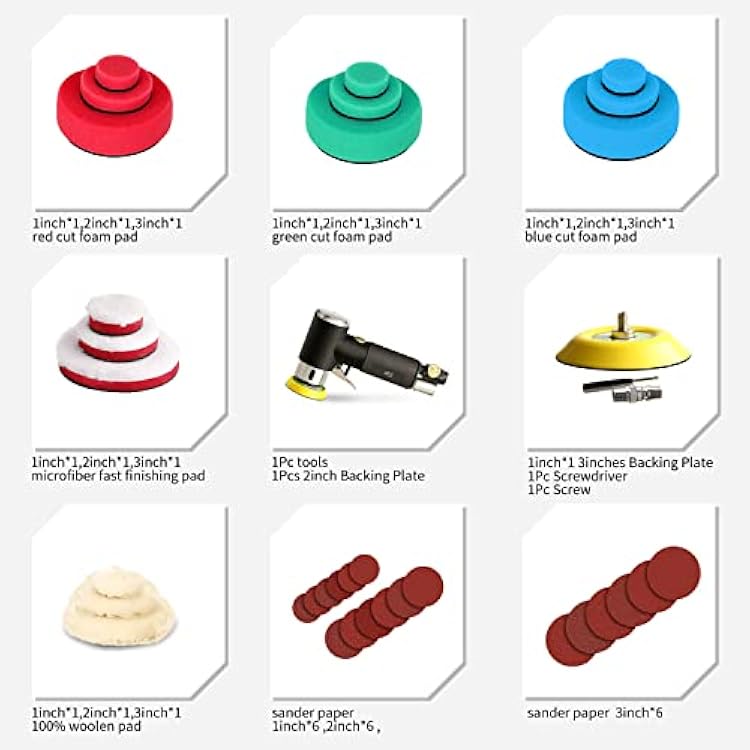 1/2/3 Inch Random Orbital Air Sander, Mini Pneumatic Sander for Auto Body Work, High Speed Air Powered Polisher with 15 Polishing Buffing Pads,18 Sandpapers
