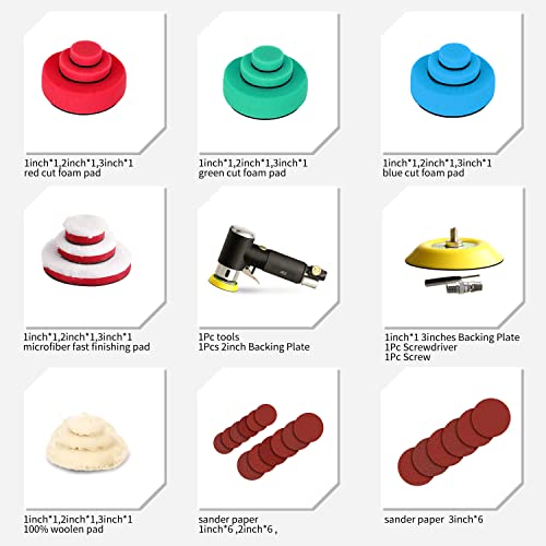ZFE 1/2/3 Inch Random Orbital Air Sander, Mini Pneumatic Sander for Auto Body Work, High Speed Air Powered Polisher with 15 Polishing Buffing Pads,18 Sandpapers by ZFE - Image 2
