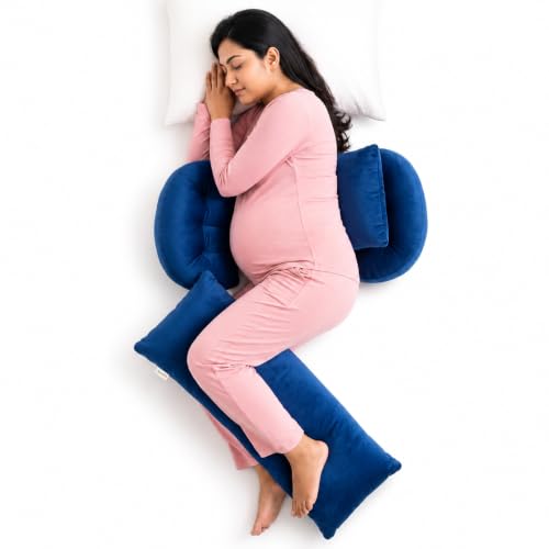 OYO BABY Maternity Pillow Bundle for New Moms | Plush Velvet Pregnancy and Nursing Pillow Set | 4-Piece Adjustable Body Pillow for Belly, Back and Hip Support - Royal Blue