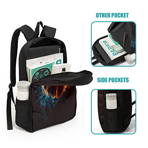 Harooni Basketball Backpack For Boys Girls, Basketball 3D Print School Bookbag For Kids Waterproof Student Black Backpack (Water And Fire) #TOP2