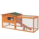 PawHut Hasenstall 2 Ebenen Wetterfest Kaninchenstall aus Holz mit Freilaufgehege Herausnehmbarem Tablett mit aufklappbarem Deckel Sichtfenster 156x58x68 cm Kaninchenk&auml;fig f&uuml;r Indoor Outdoor Orange