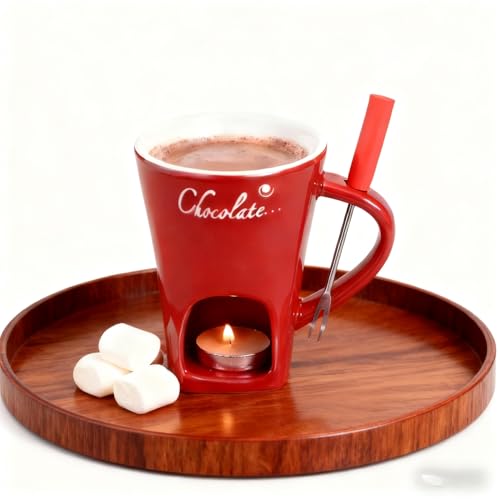 Generico Chocolate Fondue Mug, Ceramic Melting Pot with Fork, Personal Tealight-Heated Chocolate & Cheese Warmer, Dishwasher-Safe, 200 ml / 6.8 fl oz (Candle Not Included)(Red)