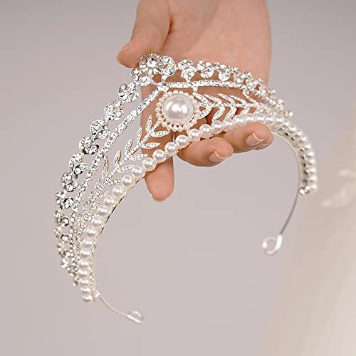 JWICOS Tiaras and Crowns for Women Pearl Wedding Tiara for Bride Baroque Queen Crown Rhinestone Hair Accessories for Birthday Pageant Prom by JWICOS - Image 5