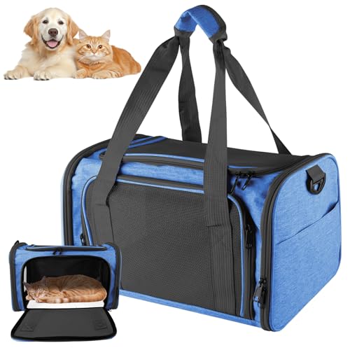 GOEDCH Borsa per il trasporto per gatti e cani: piccola borsa pieghevole per il trasporto di cani e gatti trasportino traspirante con tracolla per auto, aereo e viaggi, 40 x 25 x 25 cm (blu)