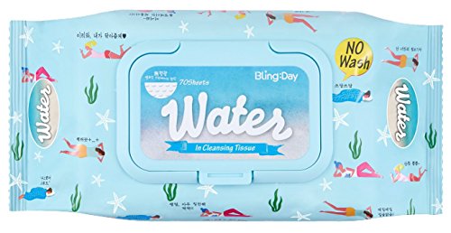 Bling Day Facial Water Wipes Micellar Cleansing Tissue Face Makeup Remover Embossed Spunlace Fabric Contains Sea Water Sea Salt Made in korean skin care (70 Count)