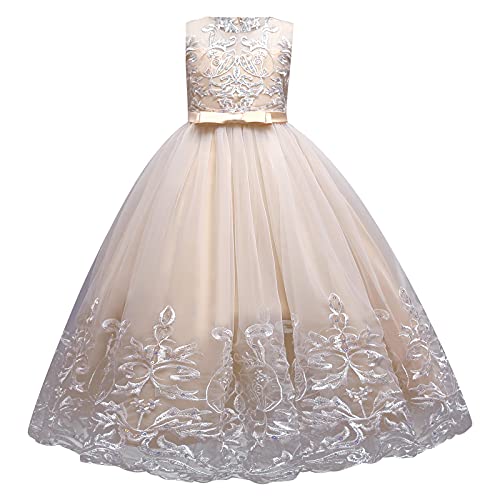 Flower Girl Lace Dress For Kids Wedding Bridesmaid Pageant Party Formal Long Maxi Gown Big Little Princess First Communion Birthday Dance Prom Sequins Bowknot Puffy Tulle Dresses Champagne 7-8 Years #TOP1