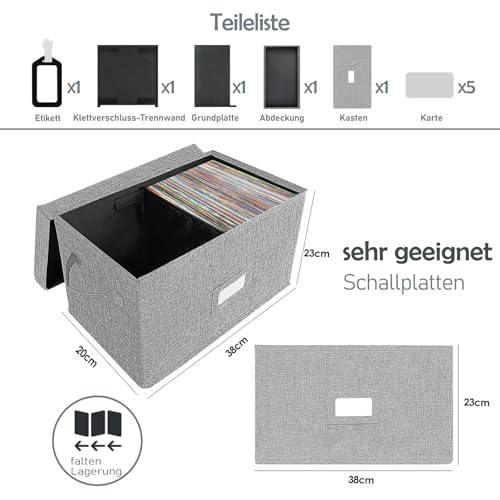 Caixa de armazenamento de discos de vinil para LPs de 17,8 cm/45 RPM, caixa cinza com tampa comporta