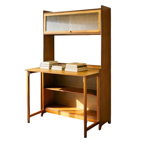 Image of Folding Desk with Storage, Bamboo Foldable Computer Desk for Small Spaces, Small Writing Desk with Shelves for Bedroom Dorm Home Office