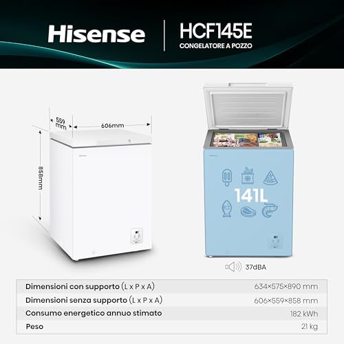 Hisense HCF145E NUOVO Congelatore a pozzo 141 litri, Super Silenzioso 40 db, classe E, (L*P*A): 60,6×55,9×85,8 cm, Bianco - 2