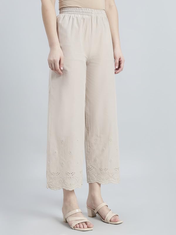 Image of GO COLORS Women Cotton Hakoba Wide Pant Ankle Length, Floral Embroidery, Relaxed Fit, Mid-Rise with Side Pocket