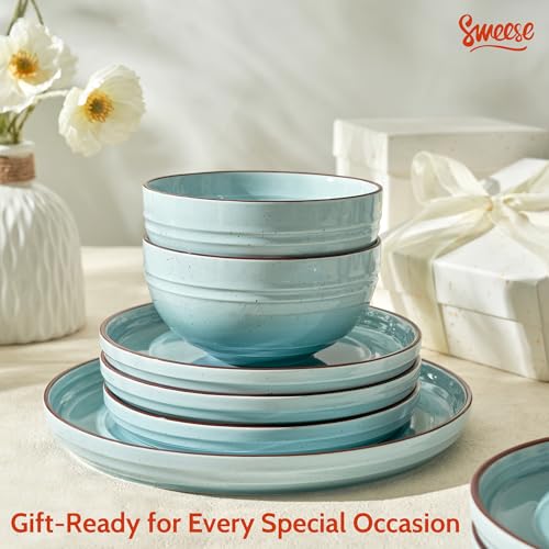 Sweese Plates and Bowls Sets, Porcelain Dinnerware Sets for 6, 18 pcs Handcrafted Glaze Embossed Dinner Set, Scratch Resistant Dishware, Dishwasher Oven Microwave Safe Ceramic Dish Set, Gradient Blue — view 6