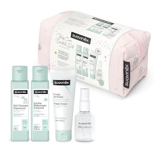 Suavinex, Neceser para Bebés de Tela, Set Regalo Bebé Recién Nacido con Cosmética: Gel Champú 100 ml + Loción Hidratante 100 ml + Crema Pañal 75 ml + Baby Cologne 50 ml. Formato Viaje. Rosa Dreams