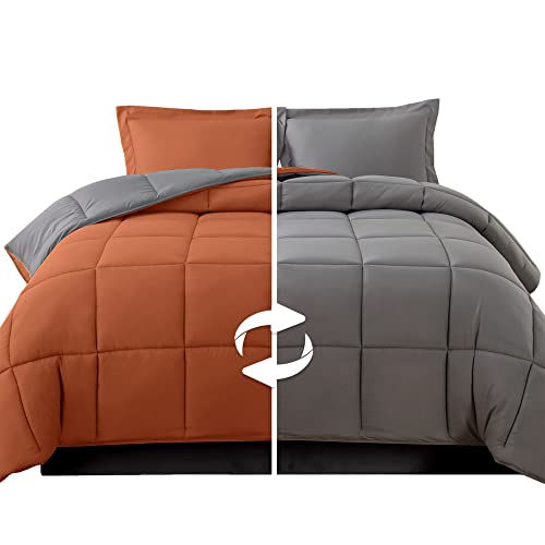 Image of Elegant Comfort 3-Piece Reversible Comforter Set, All Season Cozy, Soft Down Alternative, Quilted - Box Stitched - Duvet Insert with 4 Corner Tabs, Comforter with Shams, Queen, Coral /Gray