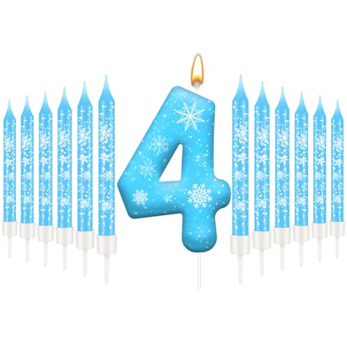 13PCS Snowflake Themed Birthday Candles Number 4 Set, Cake Party Decoration