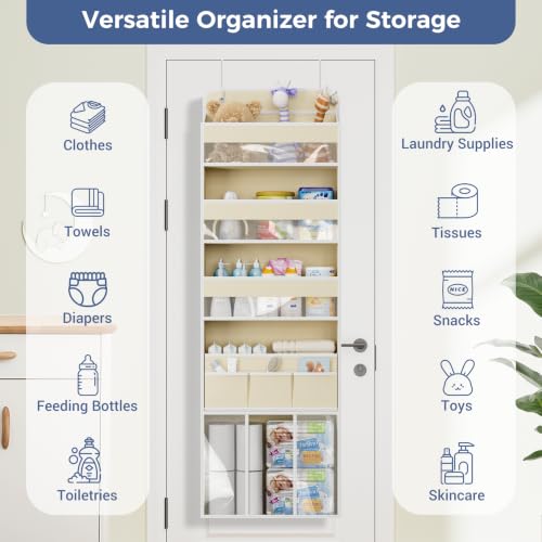 COOLBEBE Over the Door Organizer, 5-Shelf Hanging Storage with 2 Metal Hooks, Heavy Duty Door Organizer with Clear Windows & Movable Caddy for Nursery Bathroom Bedroom Closet, Beige - Image 4