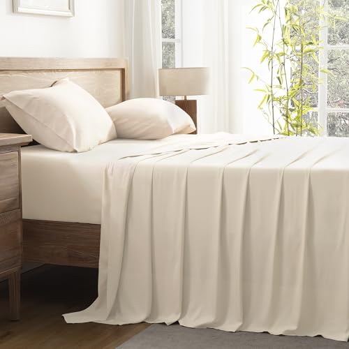 Image of Andency Beige Full Sheets Set 100% Viscose Derived from Bamboo | Cooling Summer Sheets, Deep Pocket Up to 16 inch, Silky Soft Hotel Luxury Breathable Bedding Sheets & Pillowcases