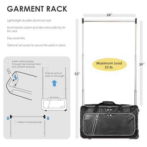 Travolution Dance Bag with Garment Rack, 24 Inch Rolling Duffel With Wheels, Ideal for Competitions & Travel, Easy-assembly Lightweight Aluminum Clothes Rack, Wheeled Upright Luggage, Black/Gray3