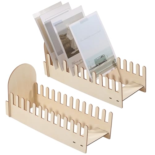 GLOBLELAND 2 expositor de 12 compartimentos de madera para tarjetas de felicitación de 10,6 x 5,56 pulgadas, expositor multinivel, para tarjetas postales, pegatinas, mesa de fotos, mostrador de venta