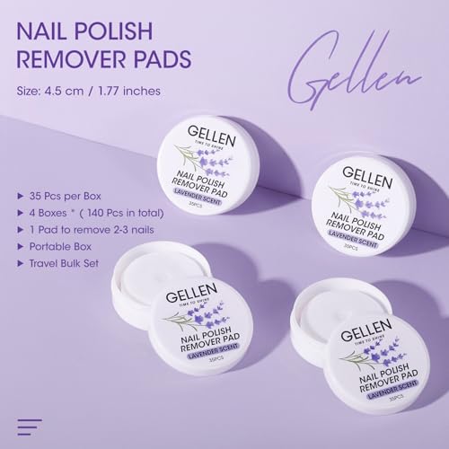 Gellen Nail Polish Remover Pads, 140pcs Non-Acetone Nail Polish Remover Wipes with Moisturizing Ingredients, Travel Wets Bulk Set For Cleaning Manicure Salon Home, Lavender Scent