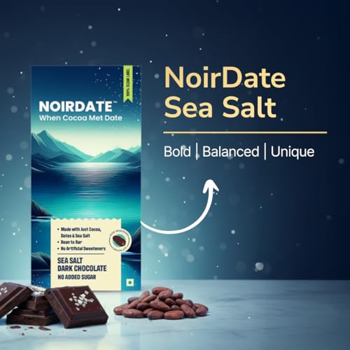 Image of NoirDate Sea Salt Dark Chocolate - 75g, Bean to Bar, Sweetened with Dates, No Refined Sugar, 100% Clean Label, Vegan, Gluten-Free, Antioxidant Rich, Healthy Indulgence (Pack of 2)